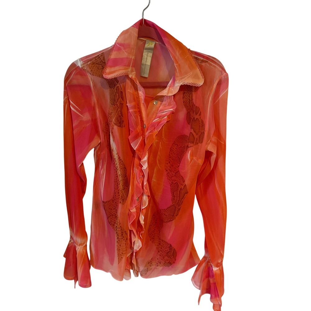 Passion Pink Orange Snake Print Sheer Ruffle Blouse Bell Sleeve Camisole Set